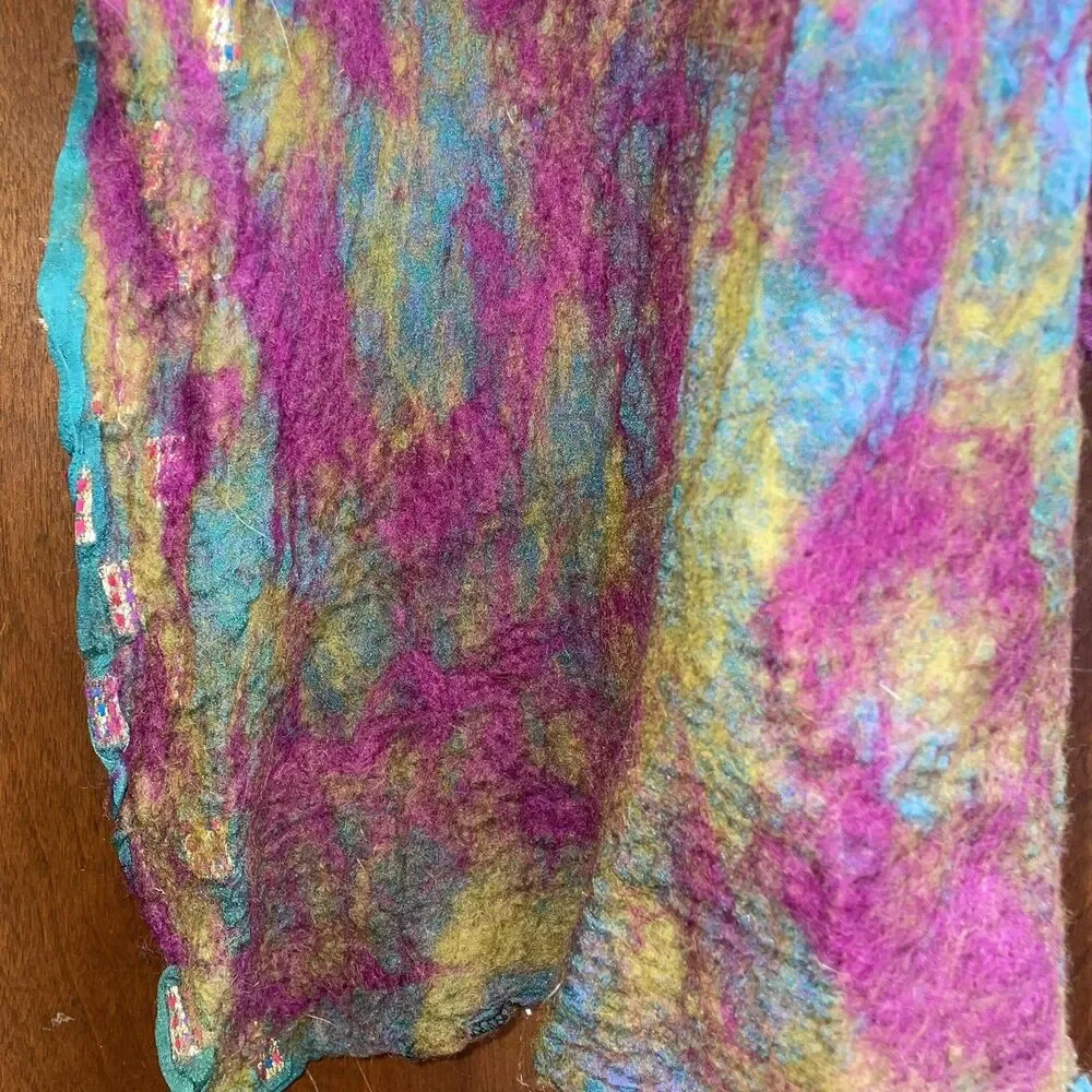 Hand-Felted Lagenlook Wool & Silk Green Multi Color Shawl Scarf Art to Wear